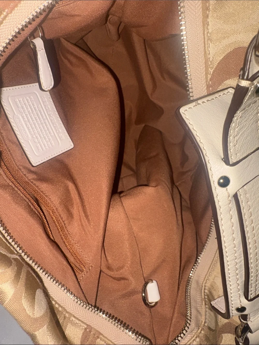 COACH Pearl White & Beige in Signature Canvas and Leather CARLY Hobo